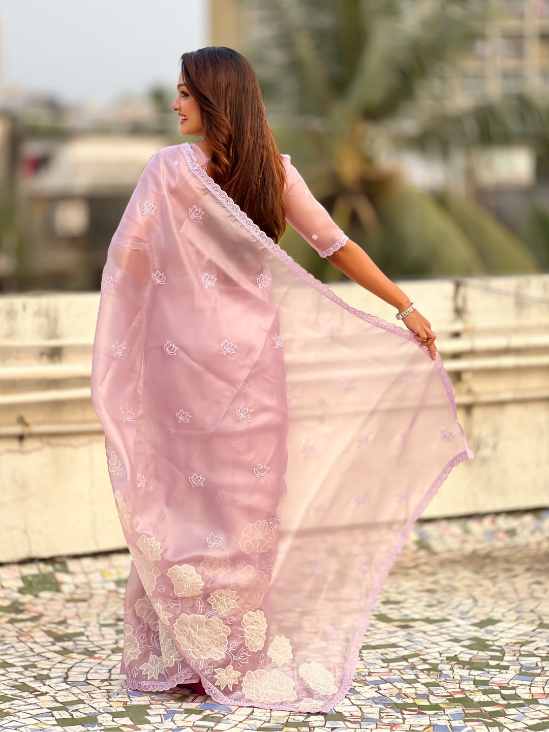 Pure Oris Silk Saree with Lotus Embroidery And Cutwork Border  Designer Silk Saree for Wedding And Festive Wear