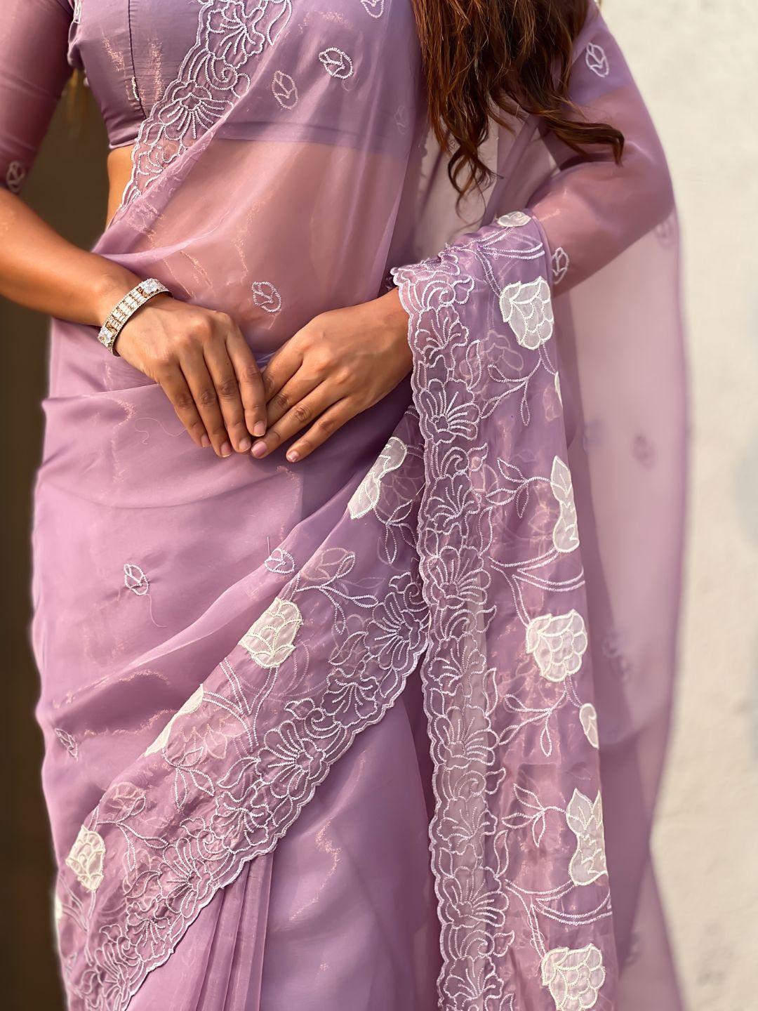Pure Chanda Kora Silk Saree with Floral Embroidered Buttis And Applique Cutwork Border