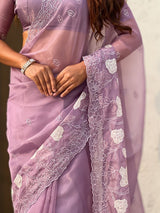 Pure Chanda Kora Silk Saree with Floral Embroidered Buttis And Applique Cutwork Border