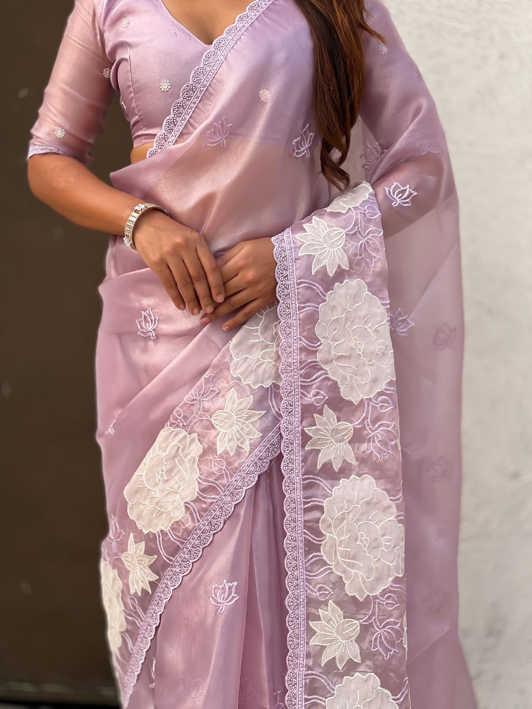 Pure Oris Silk Saree with Lotus Embroidery And Cutwork Border  Designer Silk Saree for Wedding And Festive Wear