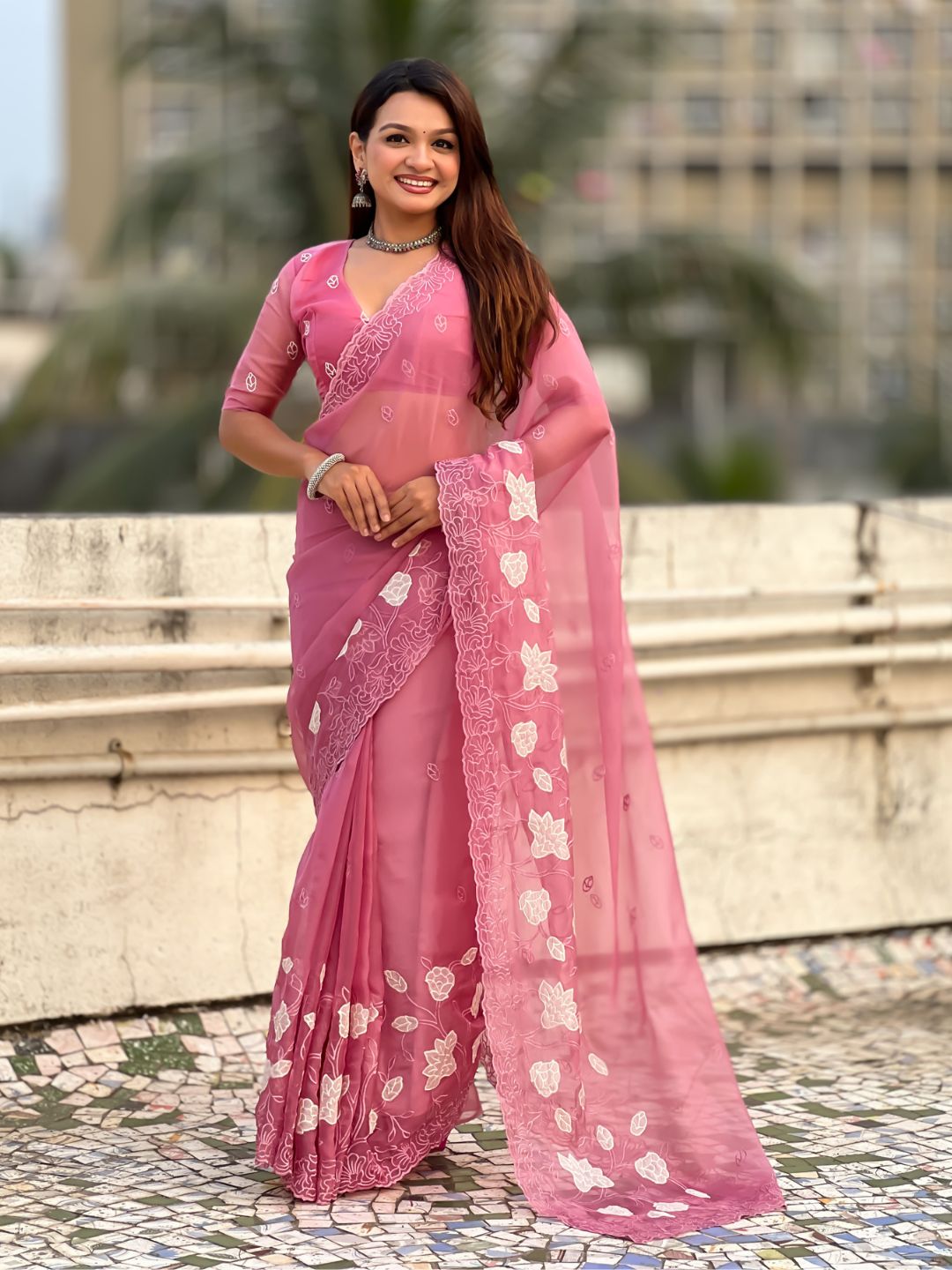 Pure Chanda Kora Silk Saree with Floral Embroidered Buttis And Applique Cutwork Border