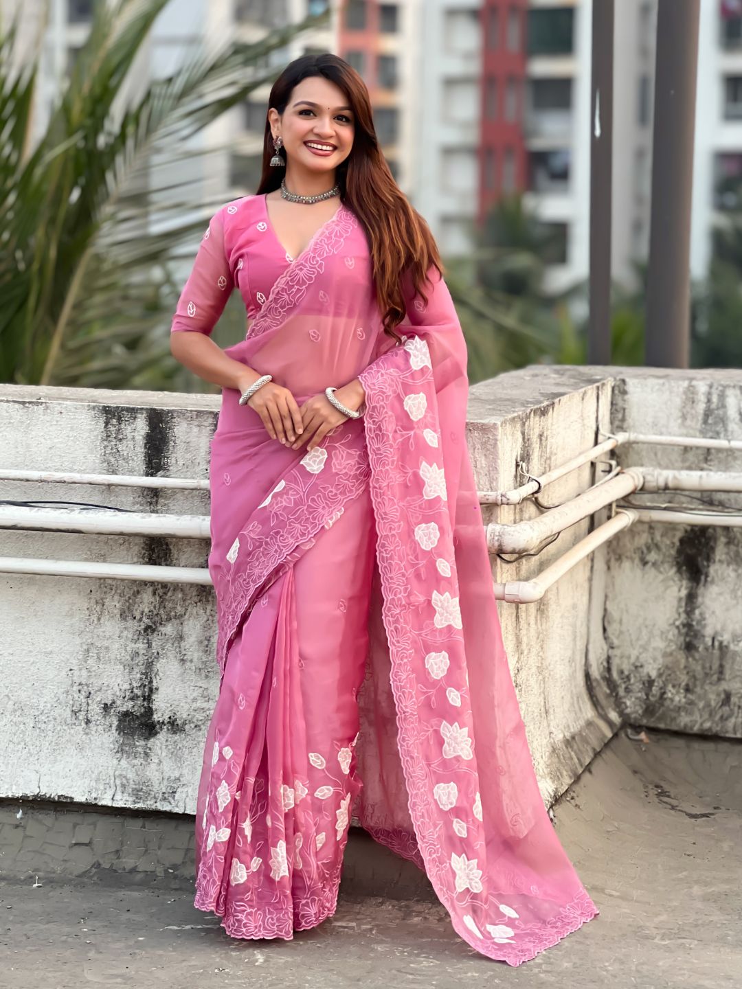 Pure Chanda Kora Silk Saree with Floral Embroidered Buttis And Applique Cutwork Border