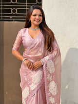 Pure Oris Silk Saree with Lotus Embroidery And Cutwork Border  Designer Silk Saree for Wedding And Festive Wear
