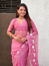 Pure Chanda Kora Silk Saree with Floral Embroidered Buttis And Applique Cutwork Border