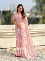 Pure Oris Silk Saree with Lotus Embroidery And Cutwork Border  Designer Silk Saree for Wedding And Festive Wear