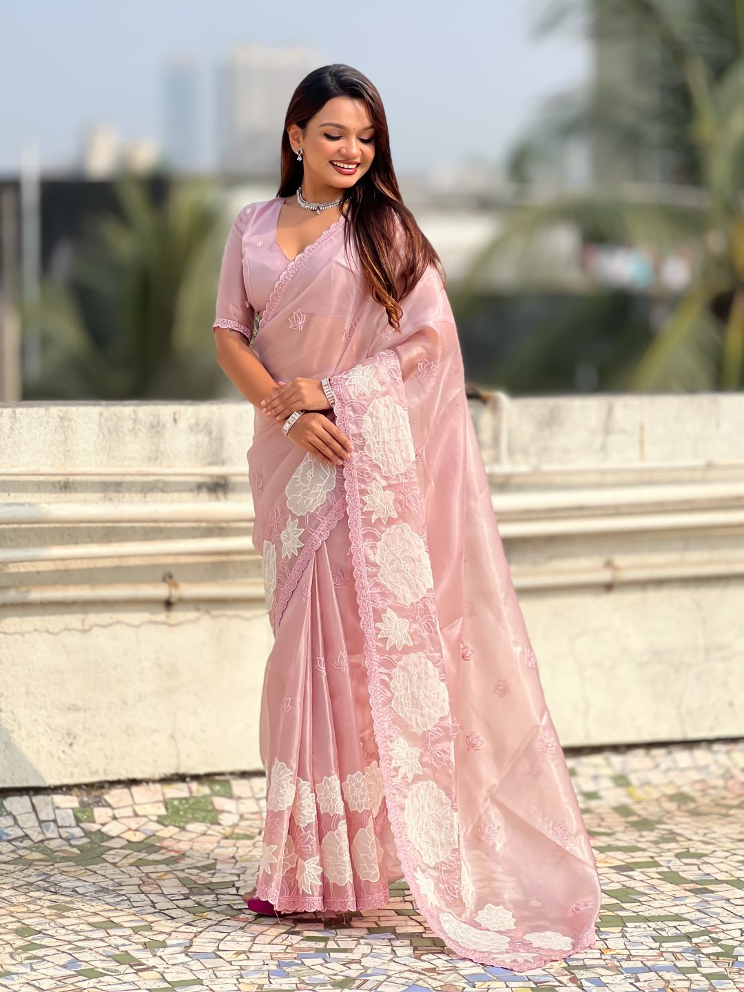 Pure Oris Silk Saree with Lotus Embroidery And Cutwork Border  Designer Silk Saree for Wedding And Festive Wear