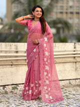 Pure Chanda Kora Silk Saree with Floral Embroidered Buttis And Applique Cutwork Border