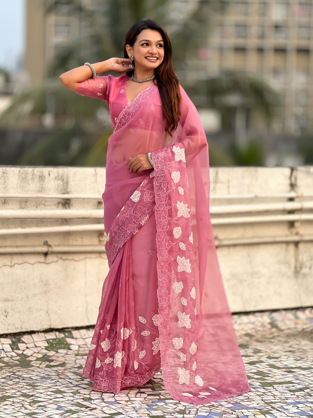 Pure Chanda Kora Silk Saree with Floral Embroidered Buttis And Applique Cutwork Border