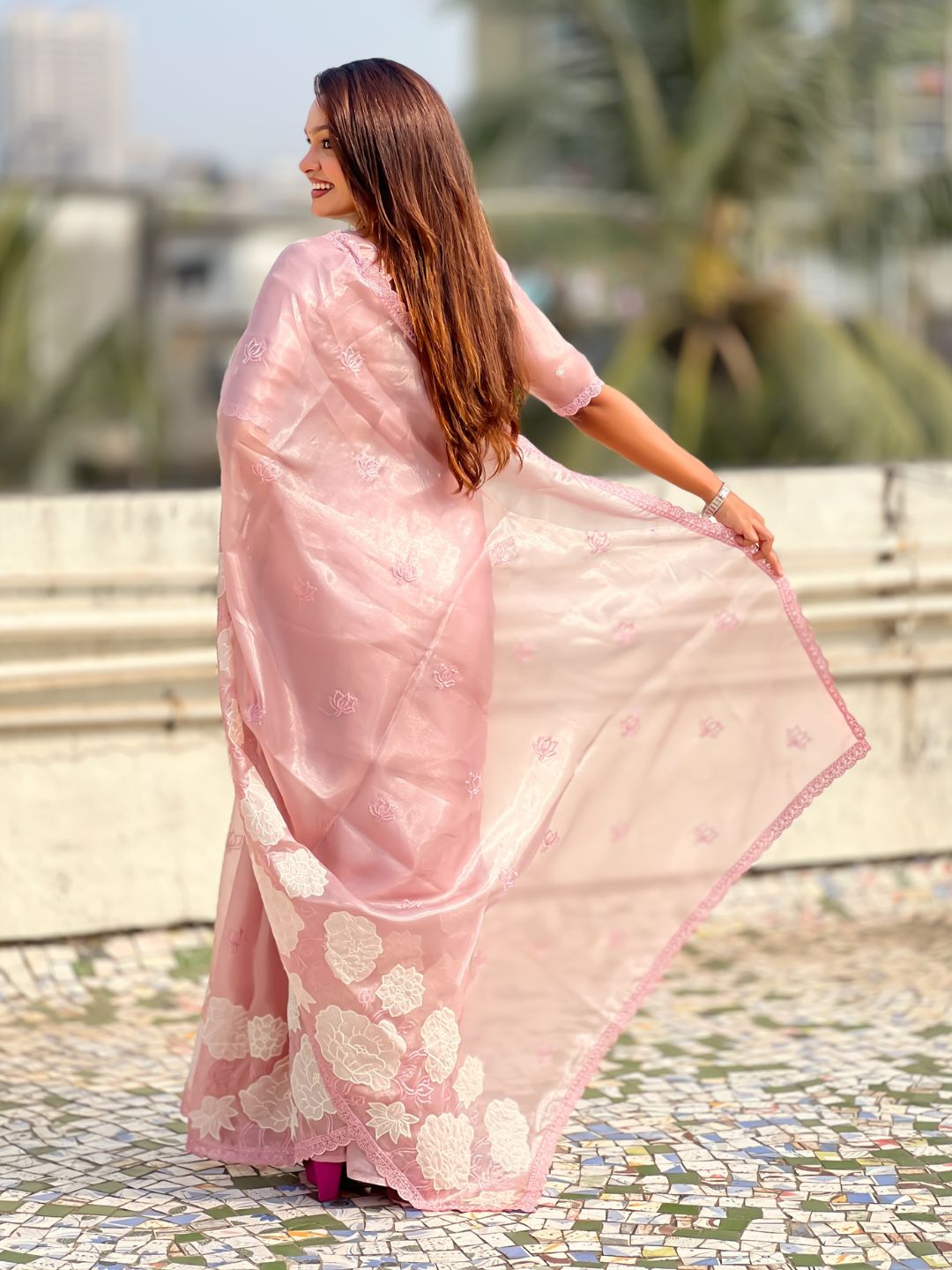 Pure Oris Silk Saree with Lotus Embroidery And Cutwork Border  Designer Silk Saree for Wedding And Festive Wear