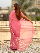 Pure Chanda Kora Silk Saree with Floral Embroidered Buttis And Applique Cutwork Border