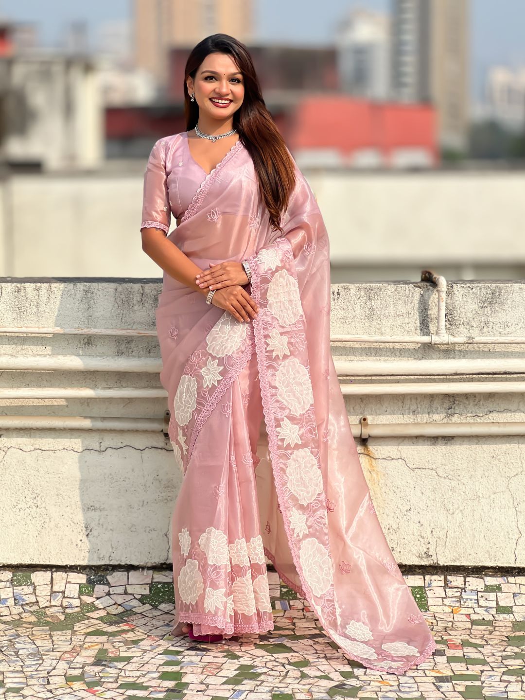 Pure Oris Silk Saree with Lotus Embroidery And Cutwork Border  Designer Silk Saree for Wedding And Festive Wear
