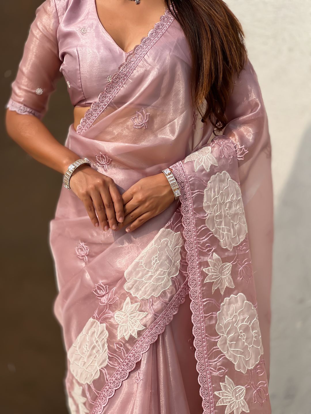 Pure Oris Silk Saree with Lotus Embroidery And Cutwork Border  Designer Silk Saree for Wedding And Festive Wear