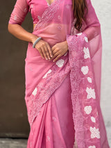 Pure Chanda Kora Silk Saree with Floral Embroidered Buttis And Applique Cutwork Border