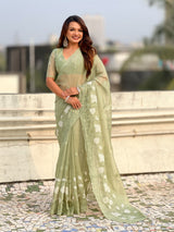 Pure Chanda Kora Silk Saree with Floral Embroidered Buttis And Applique Cutwork Border