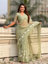 Pure Chanda Kora Silk Saree with Floral Embroidered Buttis And Applique Cutwork Border