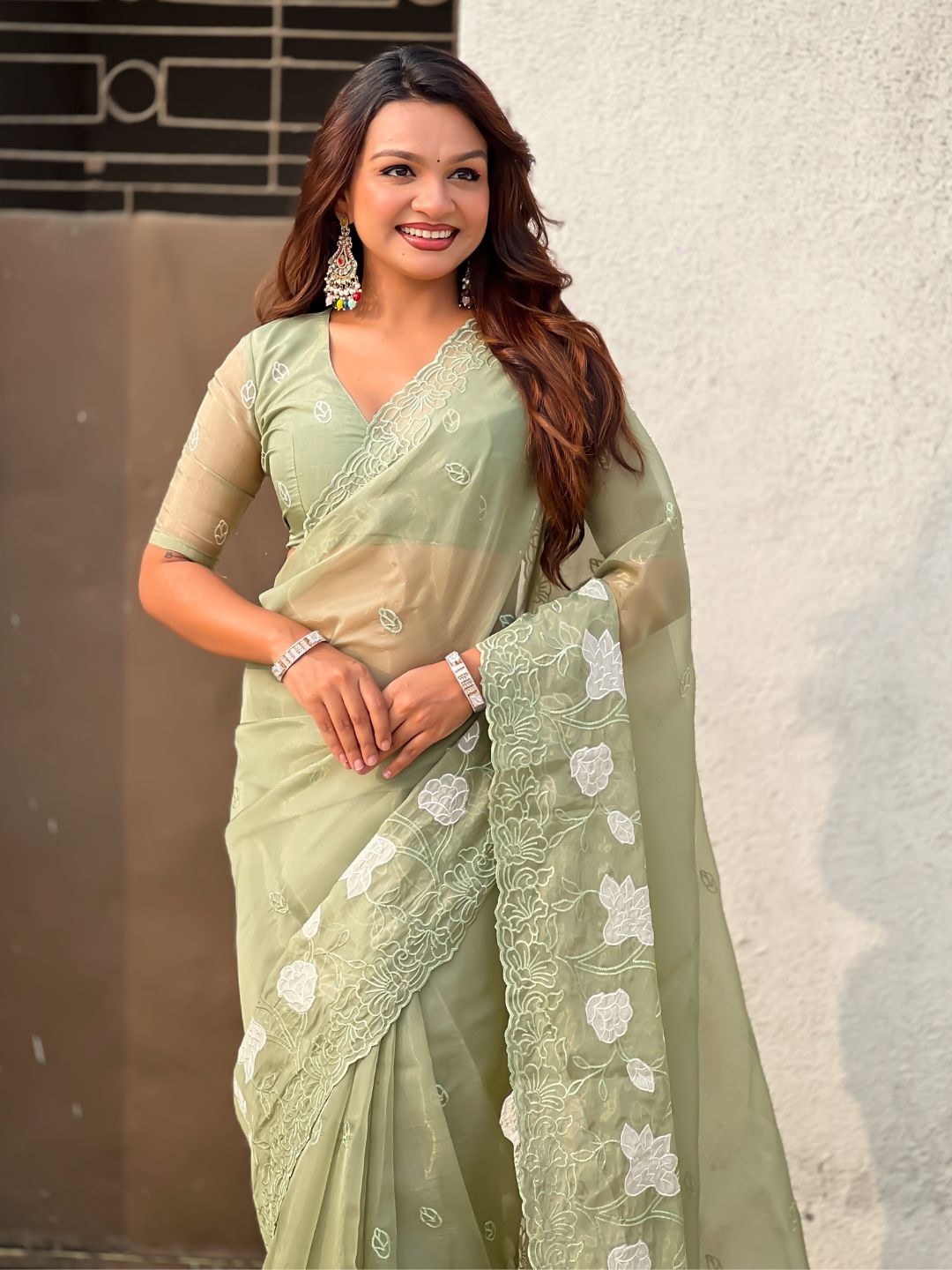 Pure Chanda Kora Silk Saree with Floral Embroidered Buttis And Applique Cutwork Border