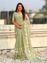 Pure Chanda Kora Silk Saree with Floral Embroidered Buttis And Applique Cutwork Border