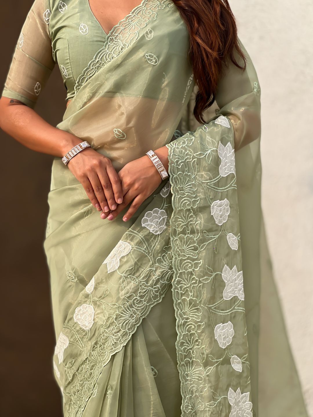 Pure Chanda Kora Silk Saree with Floral Embroidered Buttis And Applique Cutwork Border