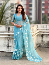 Pure Chanda Kora Silk Saree with Floral Embroidered Buttis And Applique Cutwork Border