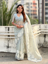 Pure Oris Silk Saree with Lotus Embroidery And Cutwork Border  Designer Silk Saree for Wedding And Festive Wear