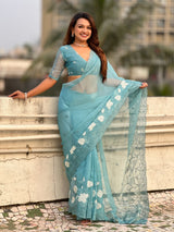 Pure Chanda Kora Silk Saree with Floral Embroidered Buttis And Applique Cutwork Border