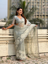 Pure Oris Silk Saree with Lotus Embroidery And Cutwork Border  Designer Silk Saree for Wedding And Festive Wear