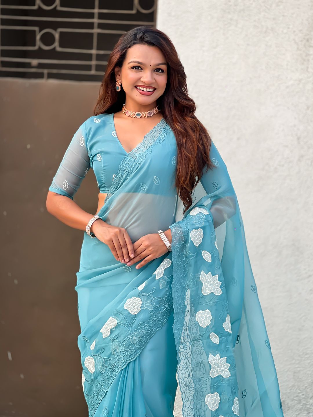 Pure Chanda Kora Silk Saree with Floral Embroidered Buttis And Applique Cutwork Border