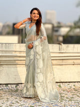 Pure Oris Silk Saree with Lotus Embroidery And Cutwork Border  Designer Silk Saree for Wedding And Festive Wear