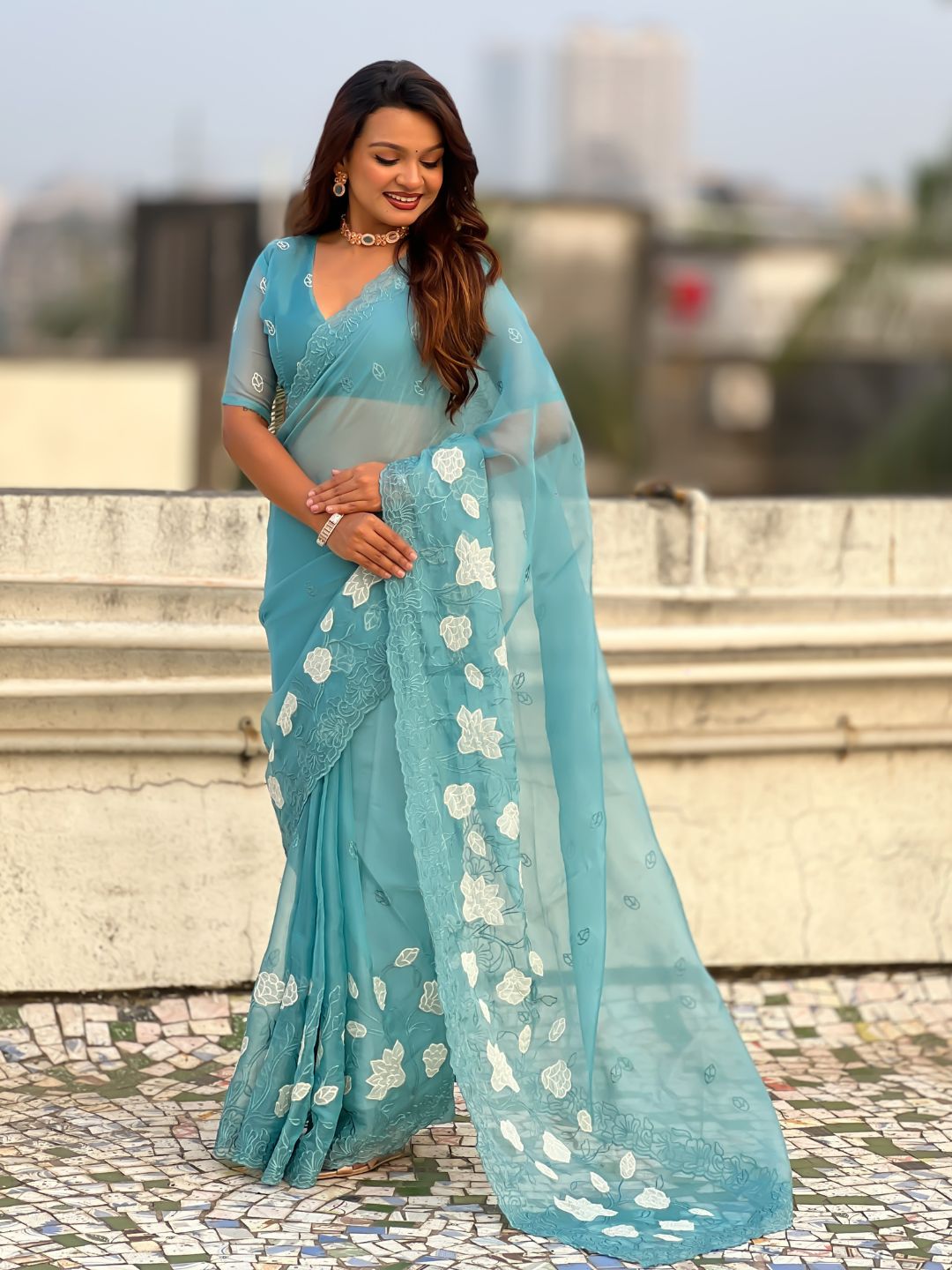 Pure Chanda Kora Silk Saree with Floral Embroidered Buttis And Applique Cutwork Border
