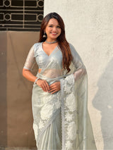 Pure Oris Silk Saree with Lotus Embroidery And Cutwork Border  Designer Silk Saree for Wedding And Festive Wear