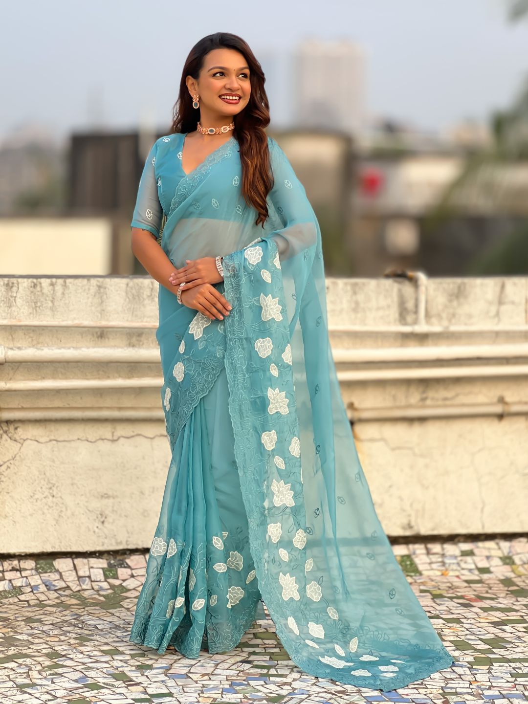 Pure Chanda Kora Silk Saree with Floral Embroidered Buttis And Applique Cutwork Border