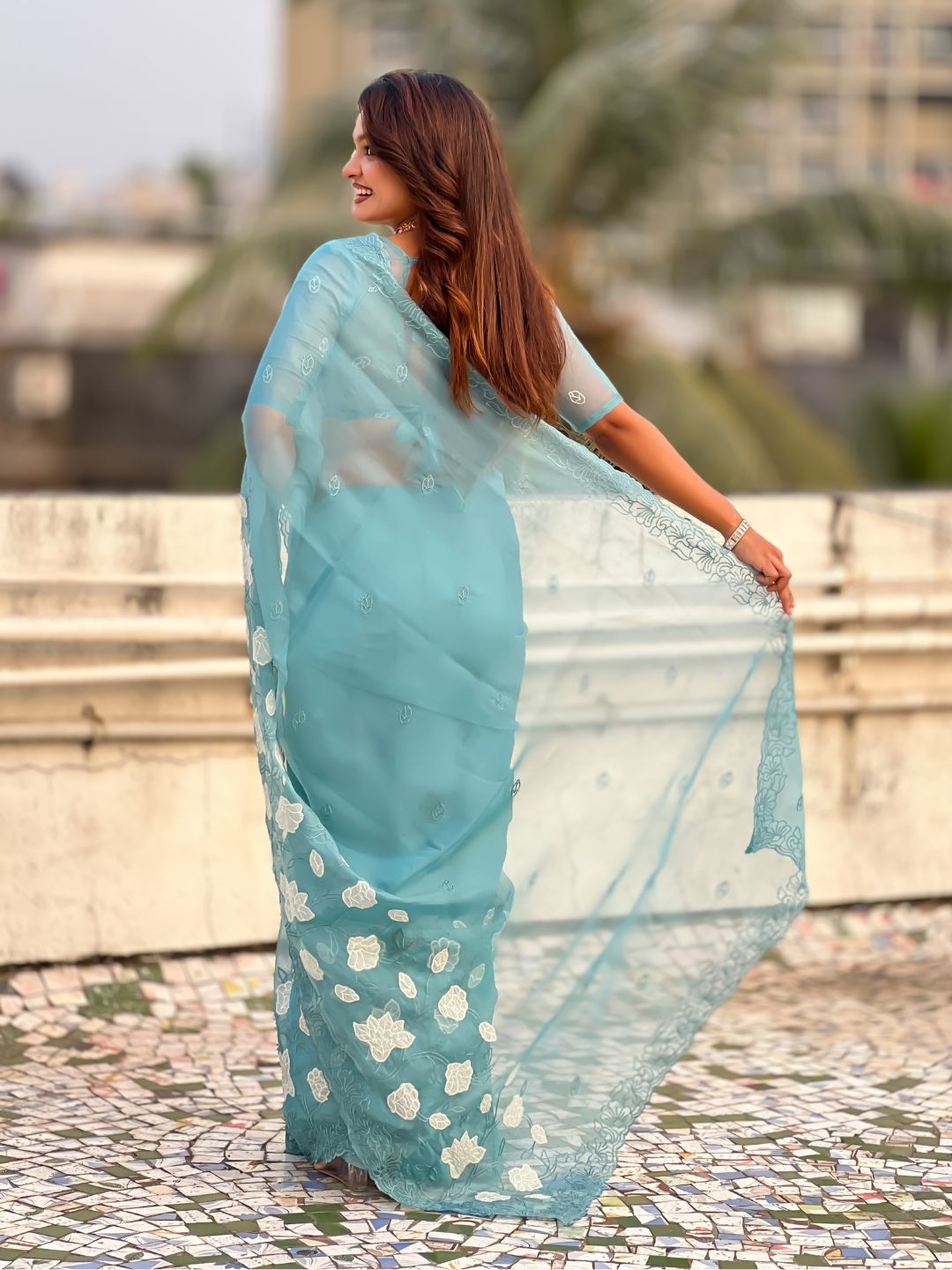 Pure Chanda Kora Silk Saree with Floral Embroidered Buttis And Applique Cutwork Border