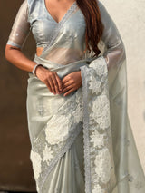 Pure Oris Silk Saree with Lotus Embroidery And Cutwork Border  Designer Silk Saree for Wedding And Festive Wear
