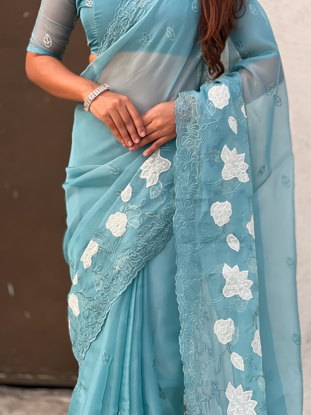 Pure Chanda Kora Silk Saree with Floral Embroidered Buttis And Applique Cutwork Border