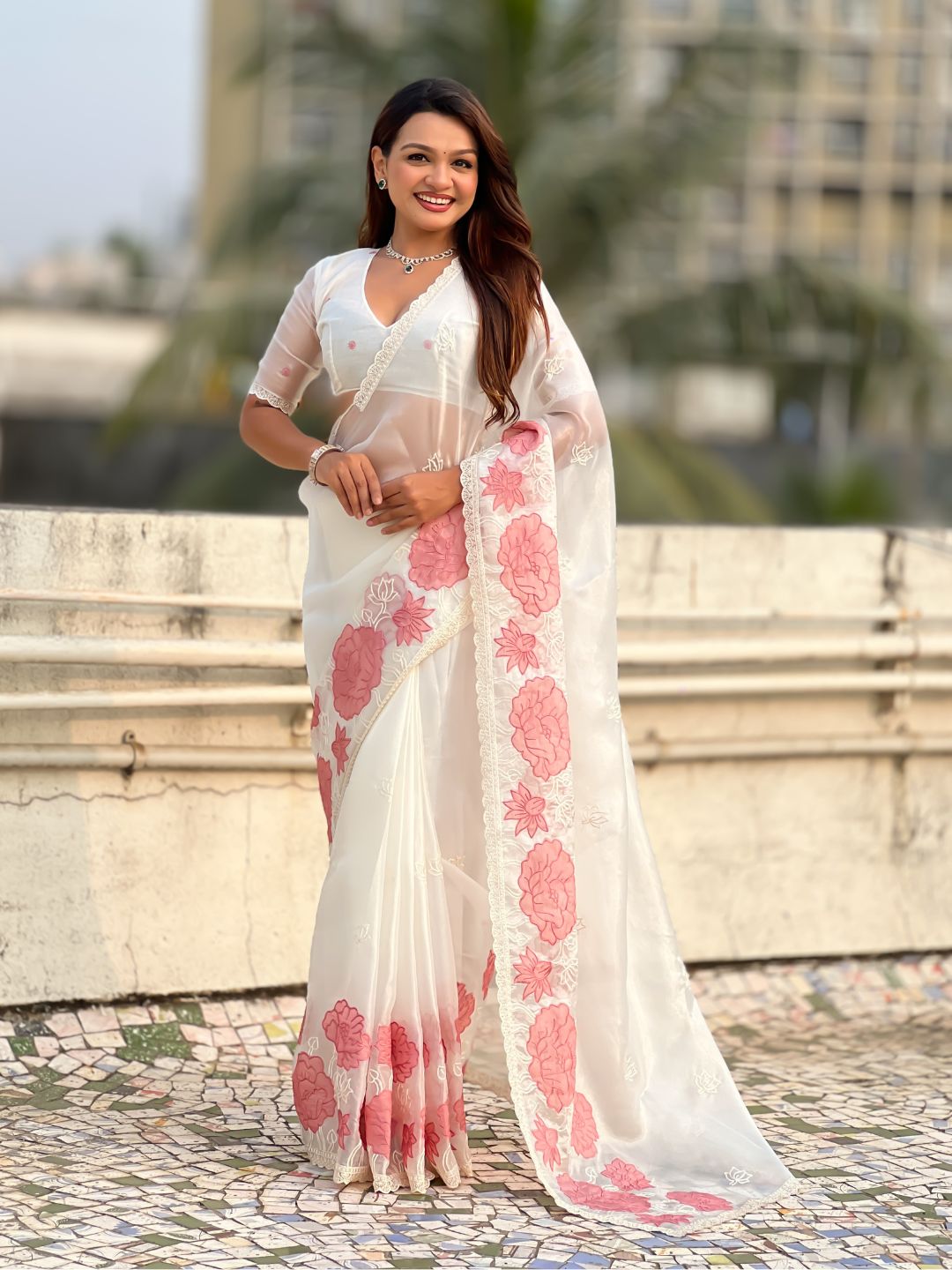 Pure Oris Silk Saree with Lotus Embroidery And Cutwork Border  Designer Silk Saree for Wedding And Festive Wear