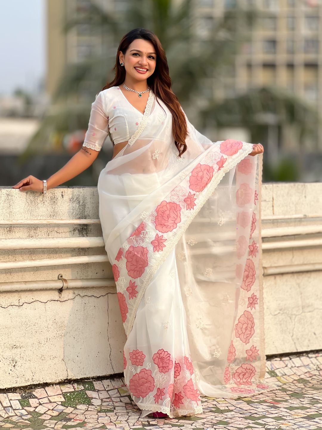 Pure Oris Silk Saree with Lotus Embroidery And Cutwork Border  Designer Silk Saree for Wedding And Festive Wear