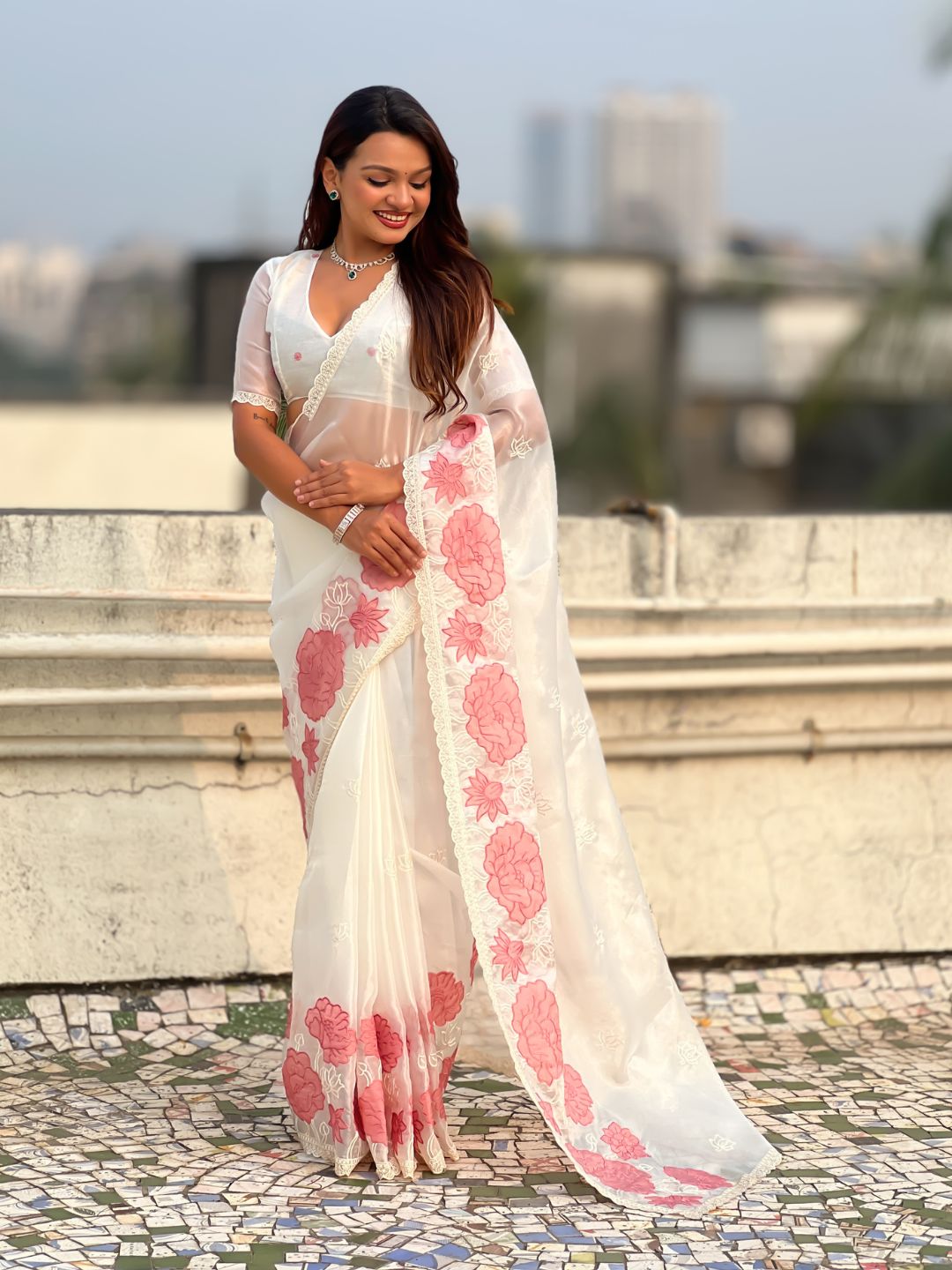 Pure Oris Silk Saree with Lotus Embroidery And Cutwork Border  Designer Silk Saree for Wedding And Festive Wear