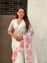 Pure Oris Silk Saree with Lotus Embroidery And Cutwork Border  Designer Silk Saree for Wedding And Festive Wear