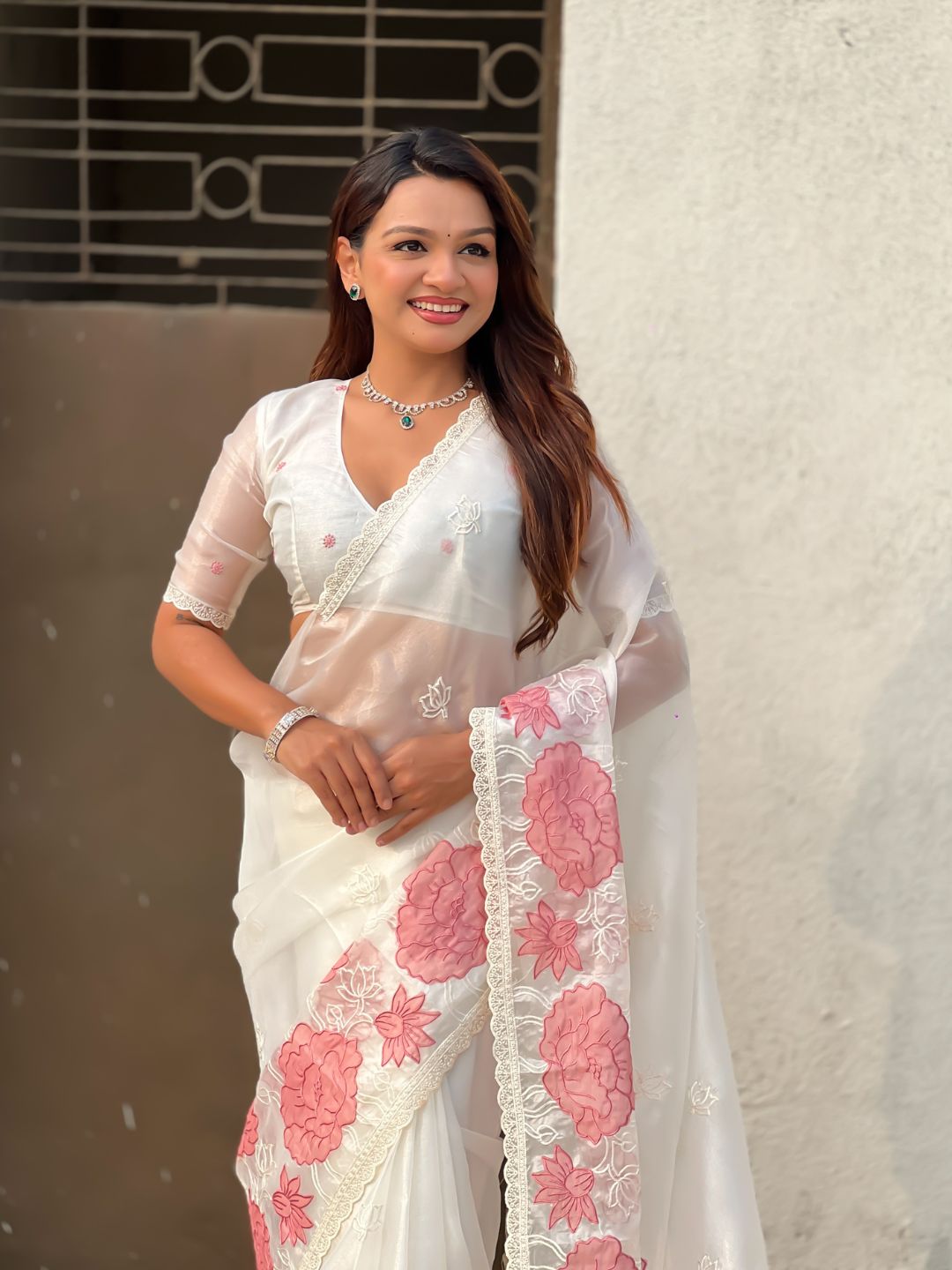 Pure Oris Silk Saree with Lotus Embroidery And Cutwork Border  Designer Silk Saree for Wedding And Festive Wear