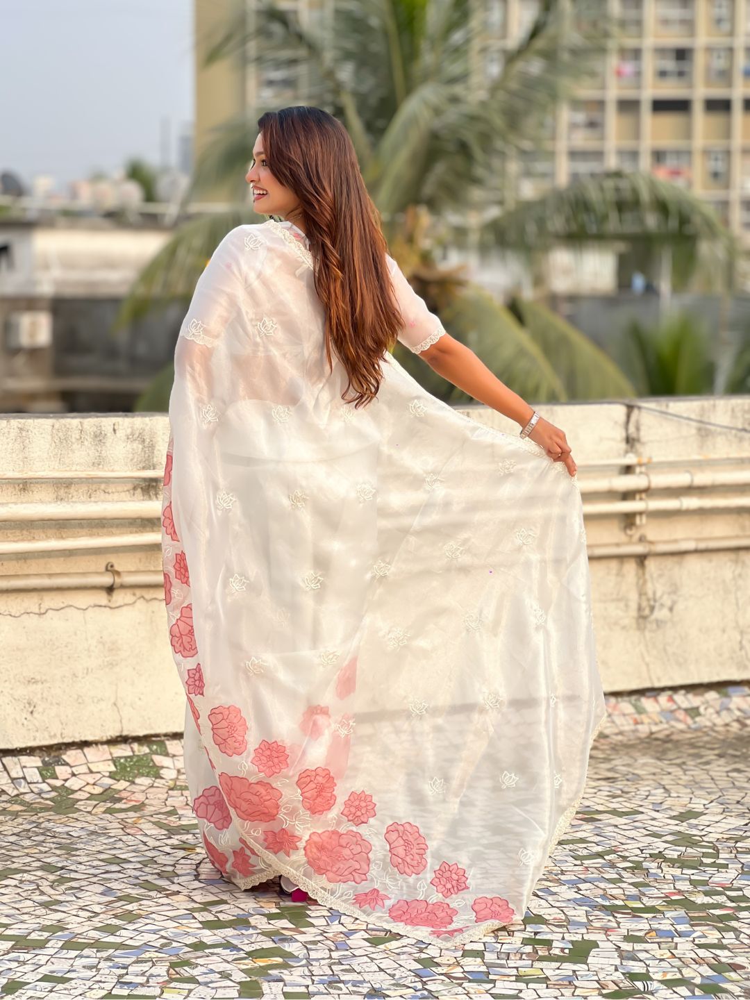 Pure Oris Silk Saree with Lotus Embroidery And Cutwork Border  Designer Silk Saree for Wedding And Festive Wear