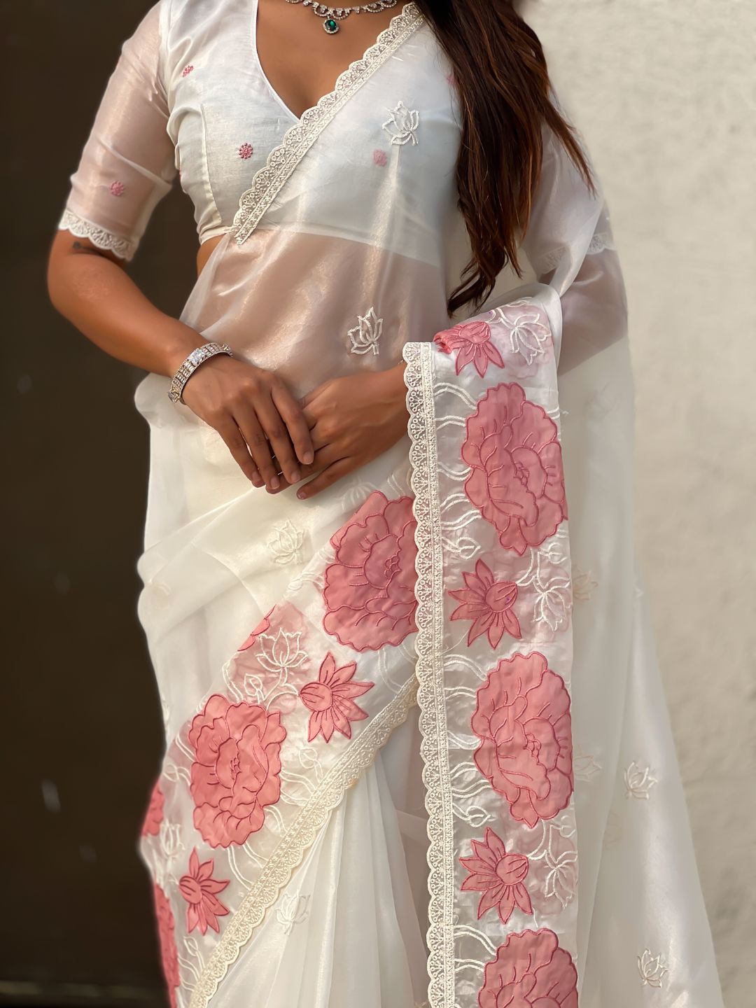 Pure Oris Silk Saree with Lotus Embroidery And Cutwork Border  Designer Silk Saree for Wedding And Festive Wear