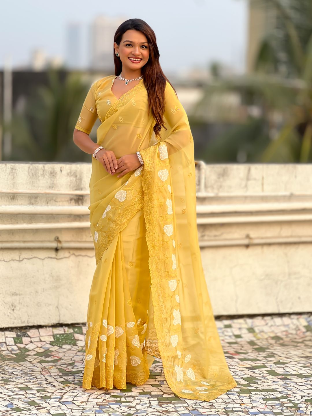 Pure Chanda Kora Silk Saree with Floral Embroidered Buttis And Applique Cutwork Border