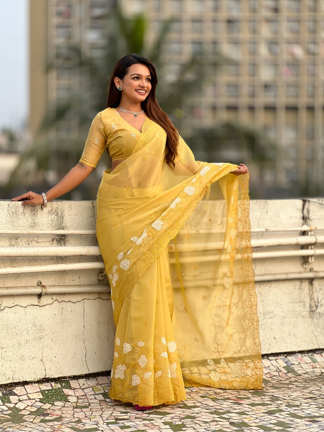 Pure Chanda Kora Silk Saree with Floral Embroidered Buttis And Applique Cutwork Border