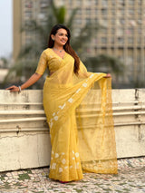 Pure Chanda Kora Silk Saree with Floral Embroidered Buttis And Applique Cutwork Border