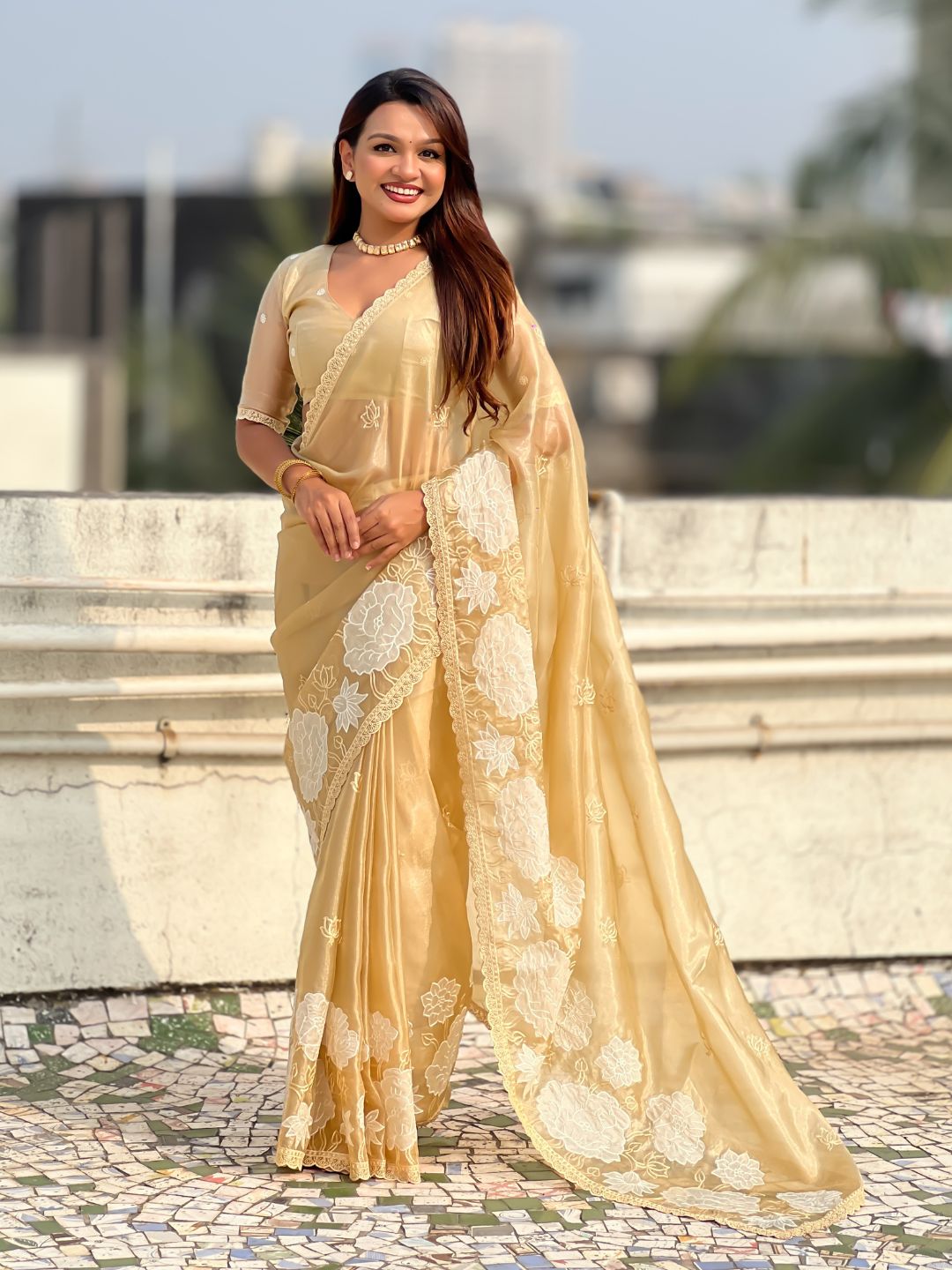 Pure Oris Silk Saree with Lotus Embroidery And Cutwork Border  Designer Silk Saree for Wedding And Festive Wear