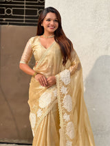 Pure Oris Silk Saree with Lotus Embroidery And Cutwork Border  Designer Silk Saree for Wedding And Festive Wear