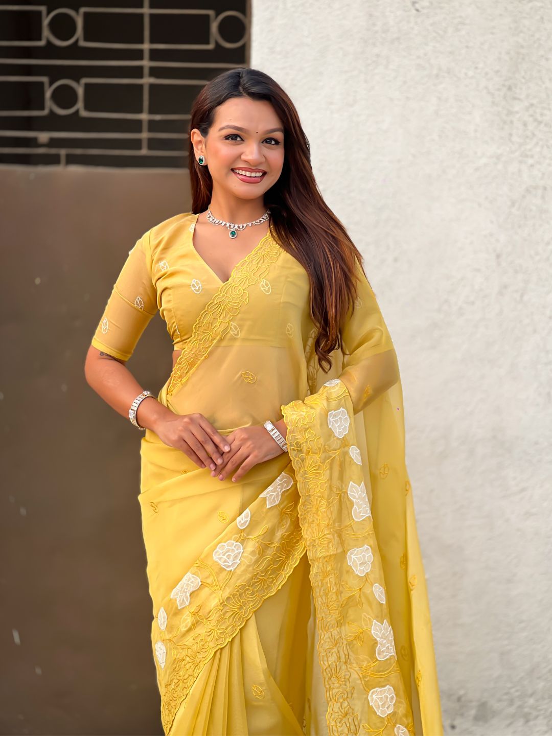 Pure Chanda Kora Silk Saree with Floral Embroidered Buttis And Applique Cutwork Border