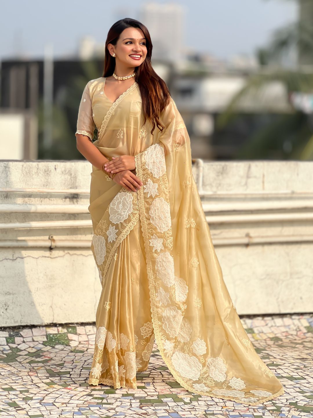 Pure Oris Silk Saree with Lotus Embroidery And Cutwork Border  Designer Silk Saree for Wedding And Festive Wear