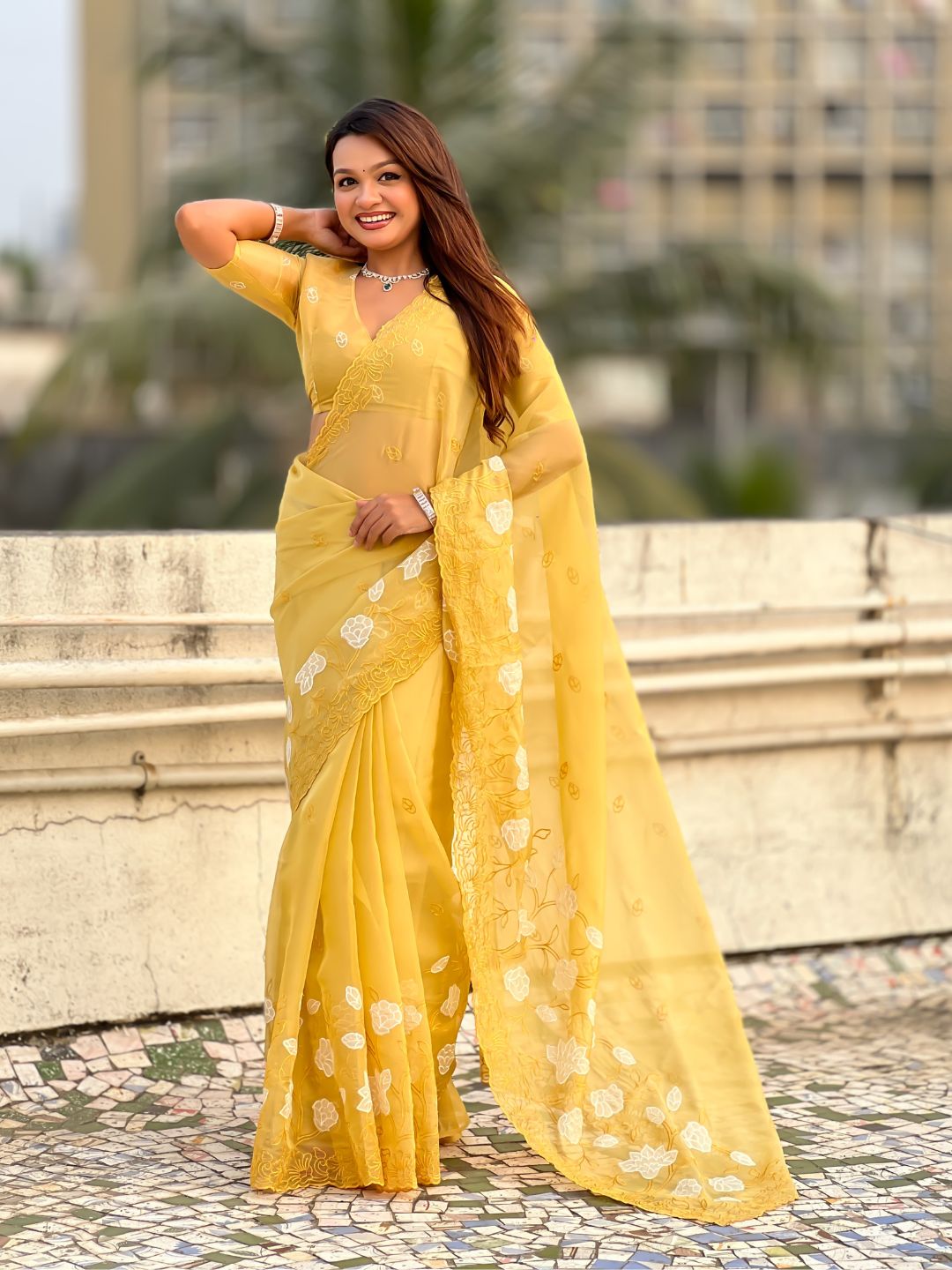 Pure Chanda Kora Silk Saree with Floral Embroidered Buttis And Applique Cutwork Border