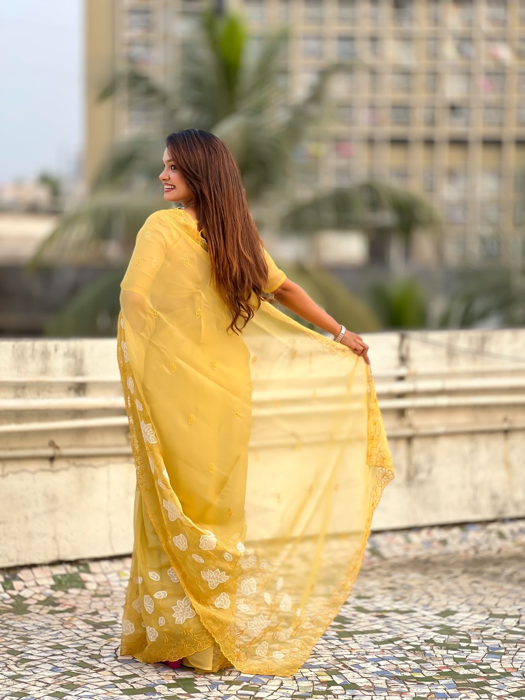 Pure Chanda Kora Silk Saree with Floral Embroidered Buttis And Applique Cutwork Border